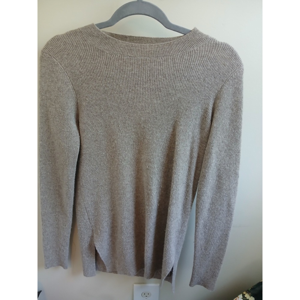 Kokun 100% Cashmere Sweater Womens Ribbed Knit Long Sleeve Tan M Medium